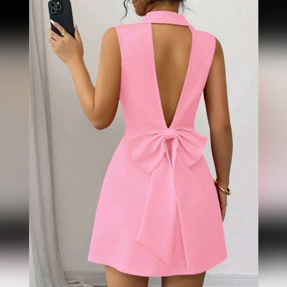 New Women's Suit Collar Double-Breasted Backless Bow Design Fitted Sleeve - Picture 2 of 4